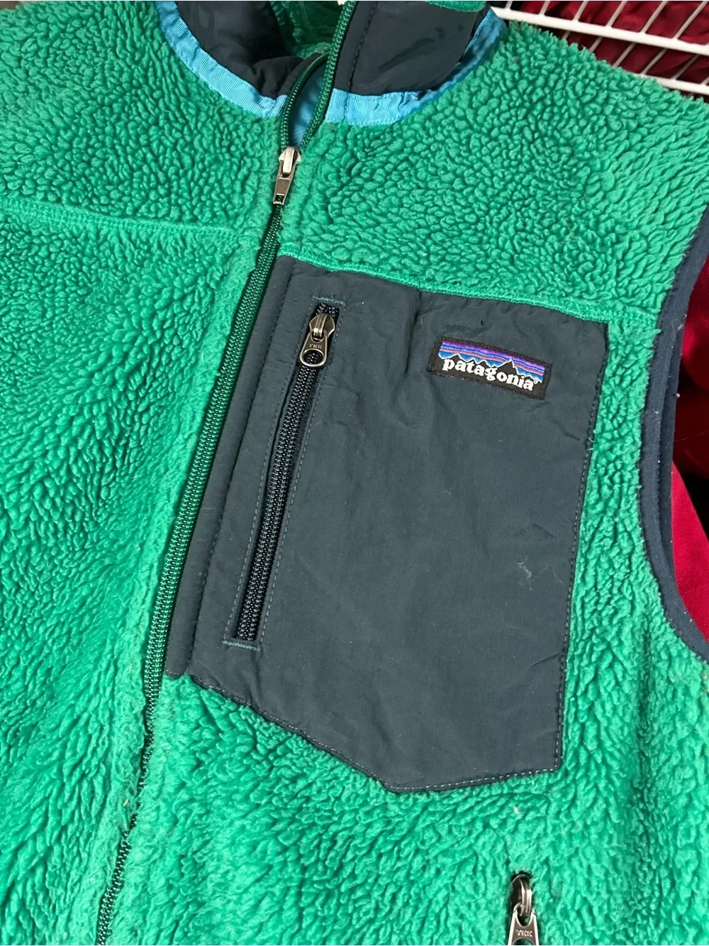 Patagonia Green Sherpa Fleece Vest with Dark Chest Pocket